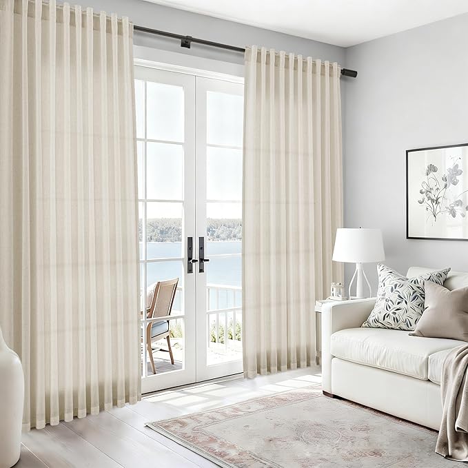 Nanspring Vanilla Linen Curtains 102 Inches Long for Living Room Light Filtering Semi Sheer Curtain Back Tab Modern Farmhouse Decor Floor to Ceiling Coastal Drapes for Bedroom 52x102, 2 Panels