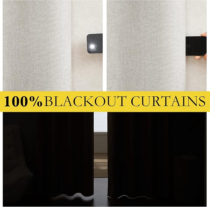 NICETOWN 100% Absolutely Blackout Linen Curtains with Thermal Insulated White Liner, Ivory, W52, 2 Pieces, Noise Reducing Textured Linen Look Curtains for Windows 120 inch Length for Classroom