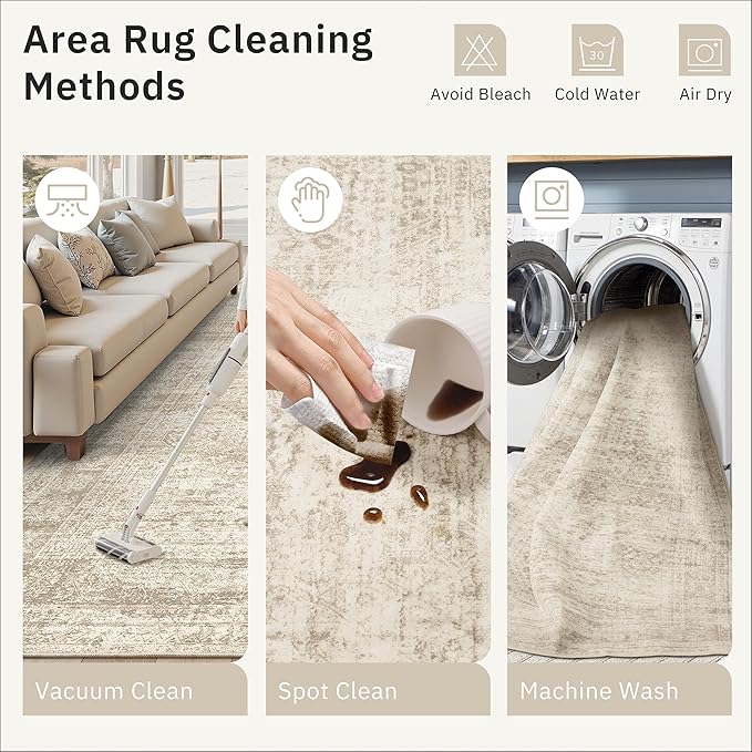 6x6 Beige Round Rug 6ft Living Room Circle Rug Vintage Round Area Rug Non Slip Indoor Carpet for Dining Room Bedroom