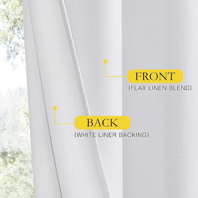 NICETOWN 100% Absolutely Blackout Linen Curtains with Thermal Insulated White Liner, White, 52 inches Wide, 102 inches Length Energy Saving Curtains for Living Room 2 Panels Set, Vertical Blinds