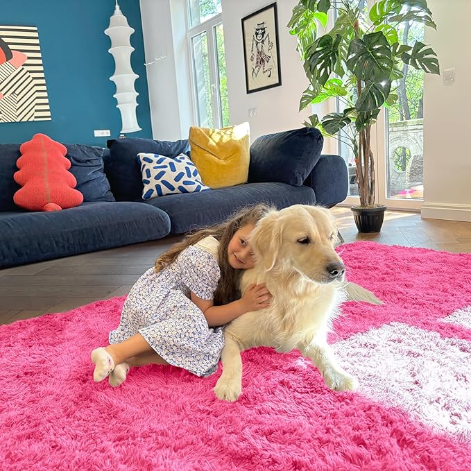 OLANLY 9x12 Machine Washable Large Area Rugs for Living Room, Bedroom, Soft Fluffy Shaggy Bedside Rug, Indoor Floor Carpet for Kids Girls and Boys, Dorms, Nursery, Home Decor Aesthetic, Hot Pink