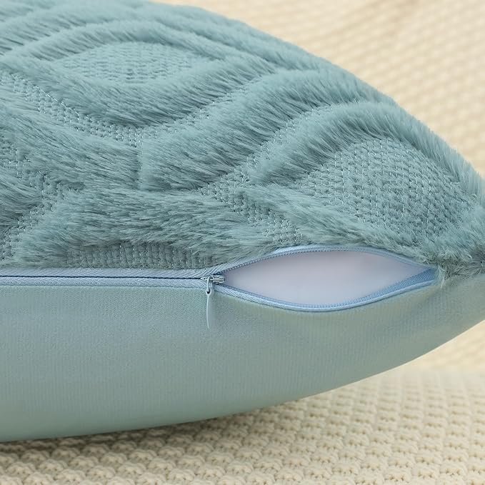 decorUhome Summer Throw Pillow Covers 12x20 Inch Set of 2, Soft Plush Faux Wool Aqua Solid Couch Pillow Covers, Accent Farmhouse Neutral Rectangle Pillow Cases for Sofa Bed Living Room