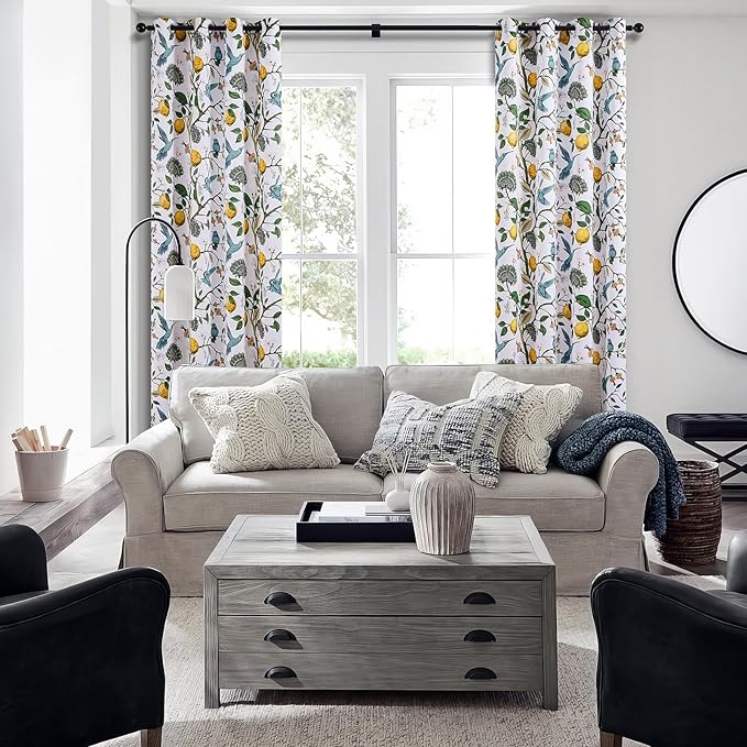 Topfinel 102 Inches Long White Luxury Curtains for Living Room Bedroom, Blackout Vintage Art Deco Victorian Curtains Floral Lemon Hummingbird Printed Grommet Drape 102 Inch Length