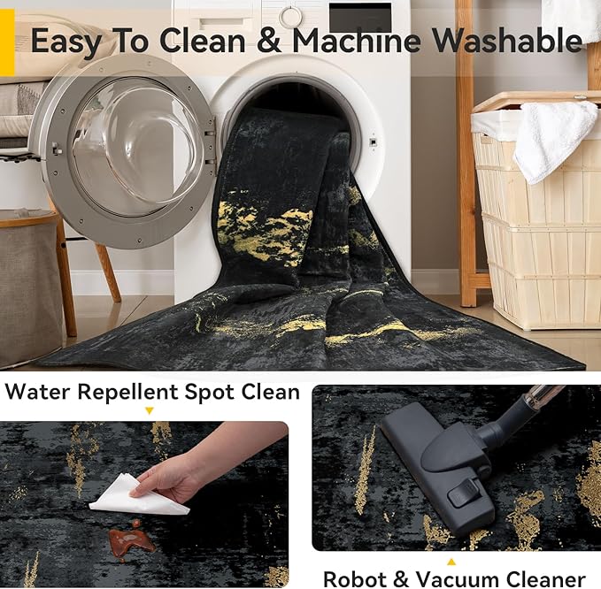 Washable Area Rugs 2'x6' Non-Slip Modern Abstract Soft for Living Room Entryway Bedroom Nursery, Print Pattern, Dark Black Gold