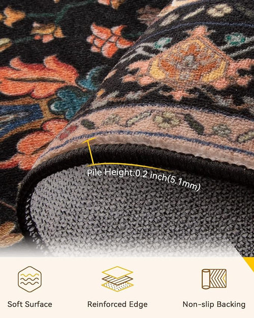 Area Rugs Square 10ft Washable Non-Slip, Floral Vintage Distress Print Pattern Medallion Carpet for Living Room Bedroom Dining Room, Black Colorful Floral Dark Tan