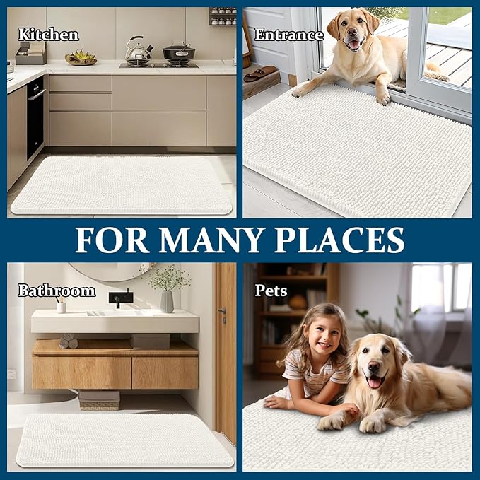 OLANLY Dog Door Mat for Muddy Paws 40x32, Absorbs Moisture and Dirt, Absorbent Non-Slip Washable Doormat, Quick Dry Chenille Mud Mat for Dogs, Entry Indoor Entryway Carpet for Inside Floor, Ivory