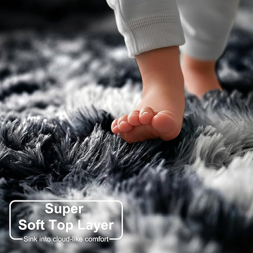 Amdrebio Black White Grey Round Rug 4Ft Circle Area Rugs for Bedroom Living Room, Fluffy Fuzzy Shaggy Furry Rugs for Kids Room Dorm Home Office, Shag Plush Floor Modern Cool Carpet for Men Teen Boys