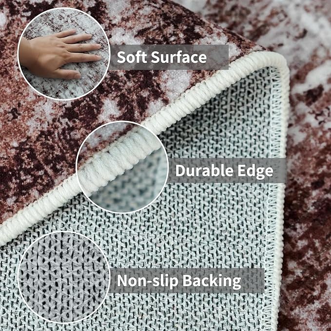 3x10 Washable Runner Rugs for Hallway: Easy-to-Clean Abstract Runners for Entryway Bedroom - Stain and Water Resistant Rugs with Non-Slip Backing - Soft Low-Pile Carpet Brown Khaki White