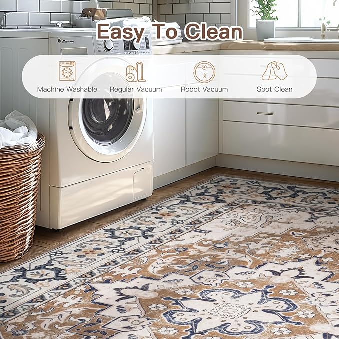 Lofus 10x14 Area Rugs for Living Room, Washable Area Rug, Big Rugs for Bedroom, Kitchen, Vintage Boho Carpet, Soft Non-Slip, Low Pile Large Area Rug for Office Dining Room, Floral Brown