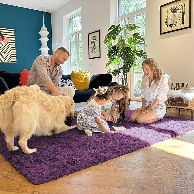 OLANLY 5x7 Machine Washable Large Area Rugs for Living Room, Bedroom, Soft Fluffy Shaggy Bedside Rug, Indoor Floor Carpet for Kids Girls and Boys, Dorms, Nursery, Home Decor Aesthetic, Dark Purple