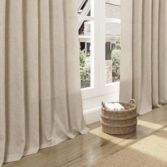 Nanspring Eggshell Beige Curtains 90 Inches Long for Living Room Linen Light Filtering Semi Sheer Curtain Back Tab Rod Pocket Rustic Decor Neutral Elegant Drapes for Bedroom 52x90, 2 Panels