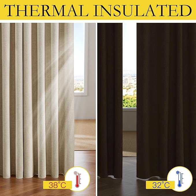 NICETOWN Cream 100% Blackout Linen Curtains 108 inch Long Burg for Living Room, 1 Pair, 62" Width Each Panel, Farmhouse Thick Completely Blackout Window Treatment Thermal Insulated Drapes