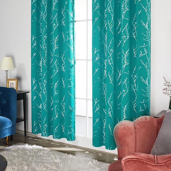 Deconovo Blackout Curtains, Thermal Insulated Soundproof Drapes with Tree Foil Print, 42 x 63 Inch, Set of 2, Machine Washable Window Curtain for Bedroom Living Room Nursery Kitchen Office, Turquoise