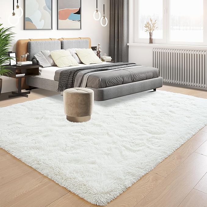 Tepook Super Soft Fluffy Rug for Bedroom, Modern Shaggy Fuzzy Kids Rugs for Living Room, Plush Indoor Nursery Home Decor Dorm Carpet with Non-Slip Bottom, Cream White, 5 X 8 Feet
