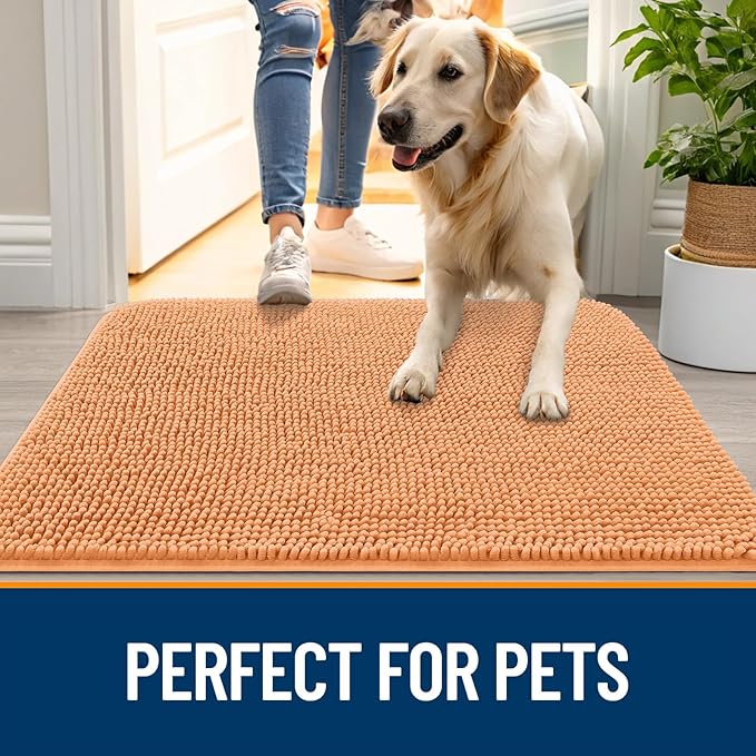 OLANLY Dog Door Mat for Muddy Paws 59x35, Absorbs Moisture and Dirt, Absorbent Non-Slip Washable Doormat, Quick Dry Chenille Mud Mat for Dogs, Entry Indoor Entryway Carpet for Inside Floor, Orange