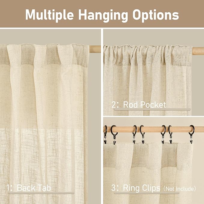 LAMIT Beige Linen Curtains for Living Room 2 Panels Set, 68 Inch Faux Linen Textured Light Filtering Drapes Back Tab and Rod Pocket Boho Panels for Farmhouse/Bedroom/Porch, 52 x 68 Inch