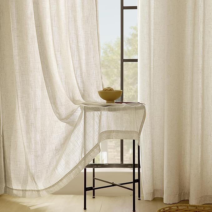 Faux Linen Beige Curtains 102 inches Long for Living Room Rustic Farmhouse Linen Drapes Semi Sheer Burlap Textured Canvas Cloth Curtain Panels Set of 2 Kahki Tan Colored