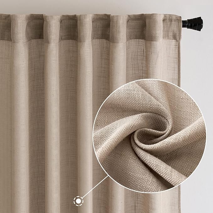 MIULEE Taupe Linen Curtains 108 Inches Long for Bedroom Living Room, Soft Thick Linen Textured Window Drapes Semi Sheer Light Filtering Rod Pocket Back Tab Burlap Look Farmhouse Decor, 2 Panels