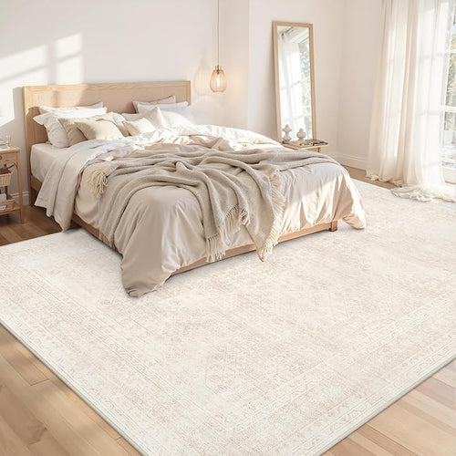 8x10 Area Rugs for Living Room: Vintage Boho Neutral Washable Rug Indoor Soft Large Area Rug Carpet for Bedroom Nursery Farmhouse Dining Room Office Floor Non-Slip Low Pile Under Table Rug Beige