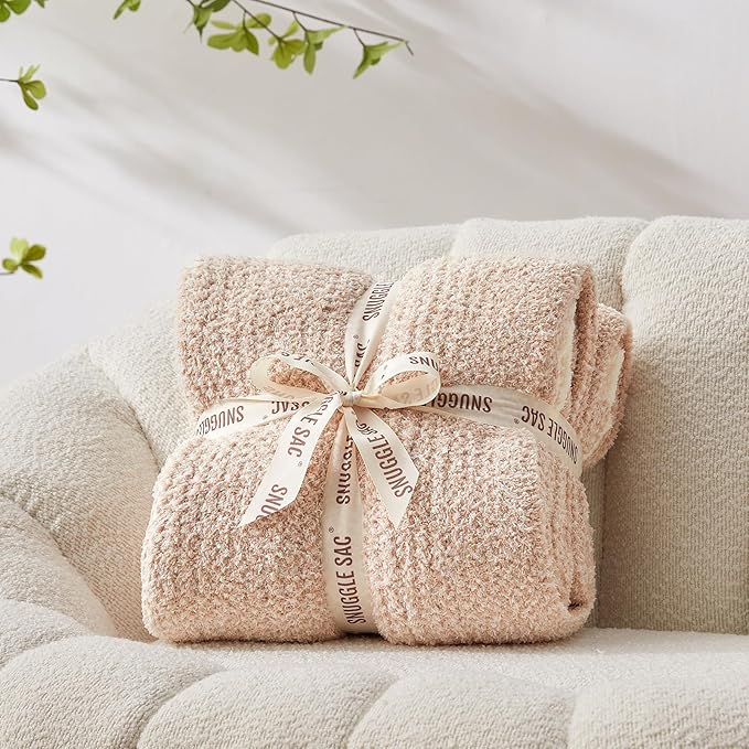Snuggle Sac Heather Throw Blanket for Couch, Reversible Super Soft Blankets Warm Cozy Knit Fuzzy Plush Lightweight for Sofa, Bed, Camping, Picnic (Heather Beige, Throw-XL(50"x 70"))