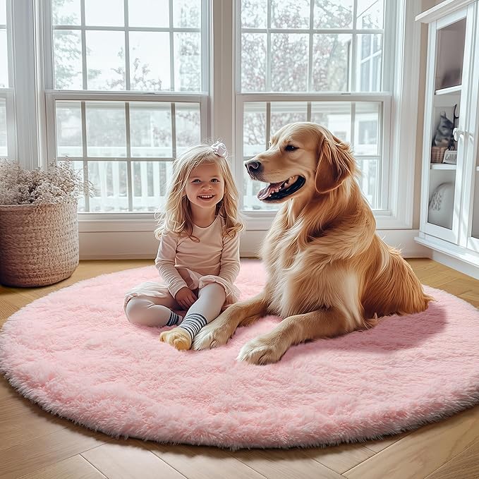 ONASAR Light Pink Round Area Rugs 6ft for Bedroom Living Room, Fluffy Circle Rug for Kids Girls Boys Teen, Soft Plush Shaggy Carpet for Nursery Dorm Classroom Playroom Home Decor Aesthetic