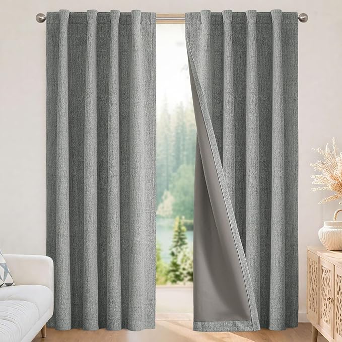 Joydeco Linen Blackout Curtains for Bedroom - 100% Light Blocking 1 Panels, Light Grey Drapes 100" W x 84" L, Thermal Insulated Room Darkening Curtains for Living Room, Rod Pocket & Back Tabs