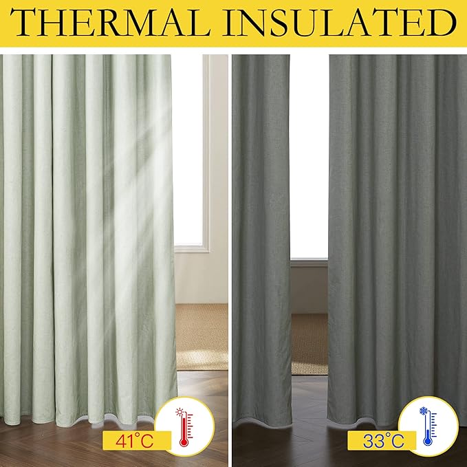 NICETOWN Sage Green Living Room Completely Shaded Linen Textured Draperies, 2 Pieces, W62 x L84, Privacy Protection & Noise Reducing Ring Top Drapes, White Lined Insulated Window Treatment Curtains