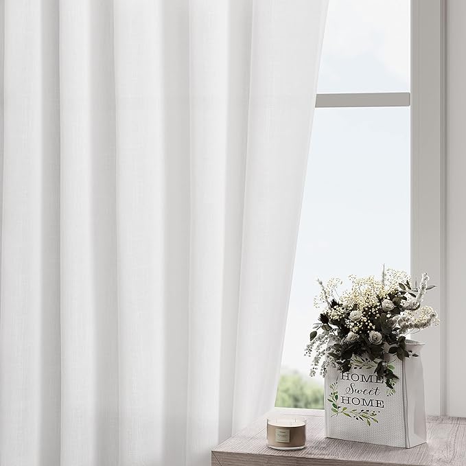 White Linen Curtains 80 inches Long for Bedroom Back Tab Light Filtering Privacy Sheer White Curtains Modern Farmhouse Coastal Decor Cotton Textured Gauze Curtain 2 Panel Set 52x80