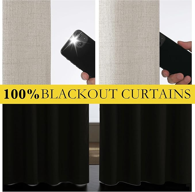 NICETOWN Brich Vintage Open Linen Weave Flax Thermal Curtains, 100% Blackout Curtains 90" Long for Dining Room, Soundproof Window Treatment Drapes for Home Cinema, 52" Wide Per Panel, Set of 2