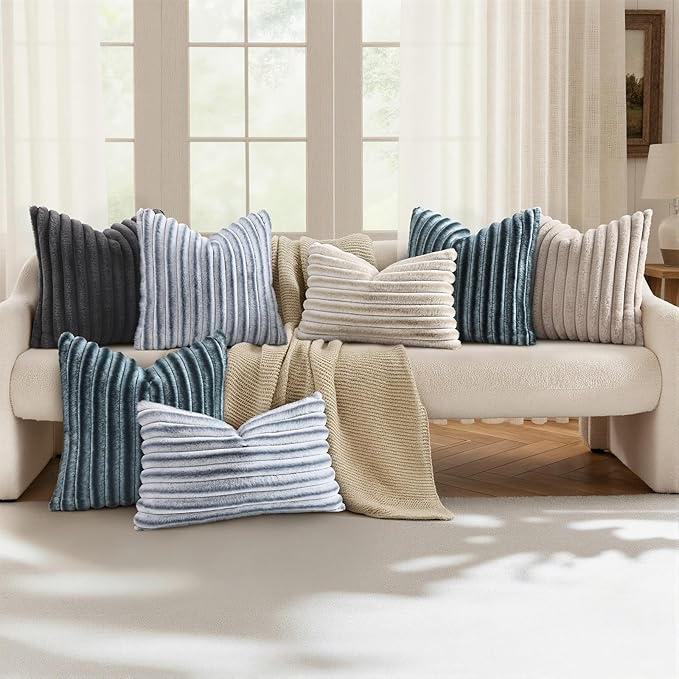 decorUhome Cozy Faux Fur Throw Pillow Covers 26x26 Set of 2 Decorative Soft Plush Striped Modern Farmhouse Boho Couch Euro Sham Pillow Cases with Velvet Back for Sofa Bed Living Room, Grey White