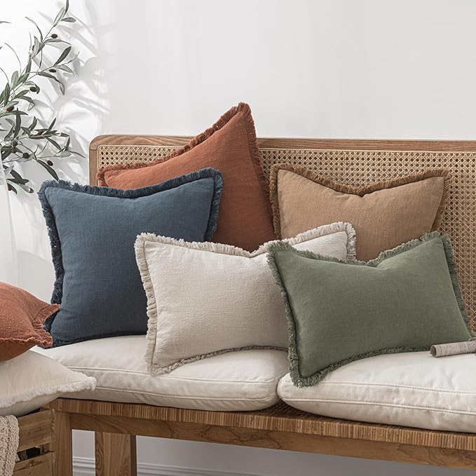 MIULEE Decorative Throw Pillow Covers Neutral Linen Fringe Throw Pillows Set of 2 Natural Beige Boho Farmhouse Cushion Covers with Tassels for Couch Sofa Bed Living Room Spring Decor 18x18 Inch