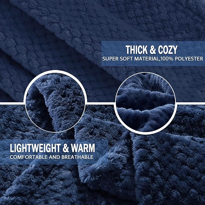 Exclusivo Mezcla Fleece Bed Blanket Queen Size, Super Soft and Warm Blankets for Couch, Sofa and Bed Waffle Textured, Cozy, Fuzzy and Lightweight (Navy Blue, 90x90 Inches)