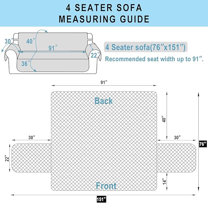 Reversible 4 Seater Sofa Cover 91 Inch Large Couch Cover Furniture Protector(Sofa XX-Large,White/White
