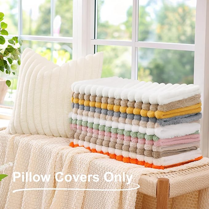 decorUhome Summer Cozy Faux Fur Throw Pillow Covers 12x20 Set of 2 Decorative Soft Plush Striped Lumbar Modern Farmhouse Boho Couch Pillow Cases with Velvet Back for Sofa Bed Living Room, Sage Green