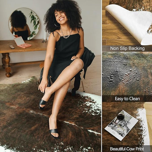 AROGAN Premium Faux Cowhide Rug 2.3 x 3.6 Feet, Sturdy and Large Size Cow Print Rugs, Suitable for Bedroom Living Room Western Decor, Faux Fur Animal Cow Hide Carpet, Saddle Brown