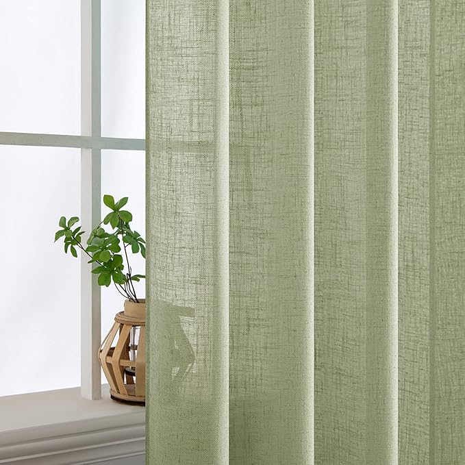 MIULEE Sage Green Linen Curtains 72 Inch Length 2 Panels for Bedroom Living Room, Soft Thick Linen Textured Window Drapes Semi Sheer Light Filtering Back Tab Rod Pocket Burlap Look Decor, W37xL72