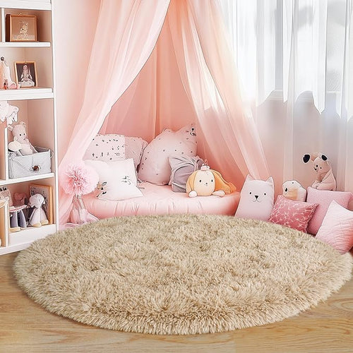 3'x3' Beige Round Rug for Bedroom, Ultra Soft Fluffy Circle Rug for Kids Girls Boys Room, Cute Small Shag Rugs for Living Room Playroom Tent Castle Home Decor Rug