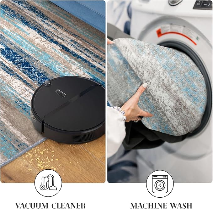 Lansny Modern Abstract 6x9 Machine Washable Living Room Rug Non-Slip Soft Bedroom Area Rug Blue Ultra Thin Print Faux Wool Floor Carpet Throw Rugs for Nursery Playroom Dining Room Indoor Office