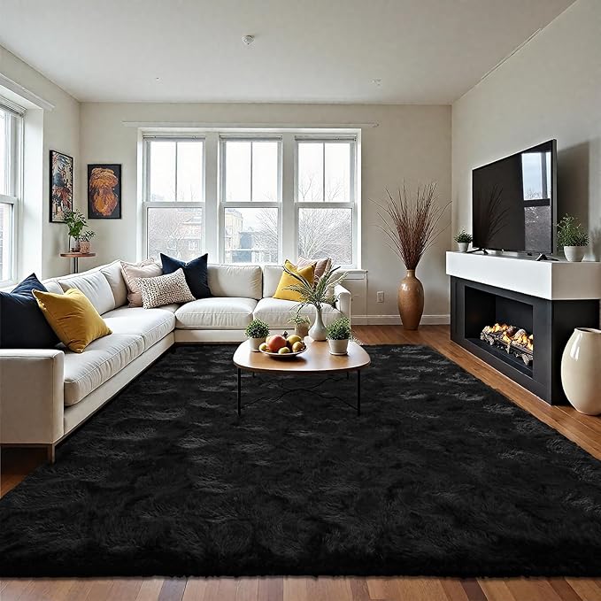 LOCHAS Ultra Soft Indoor Modern Area Rugs Fluffy Living Room Carpets for Children Bedroom Home Decor Nursery Rug 8 x10 Feet, Black