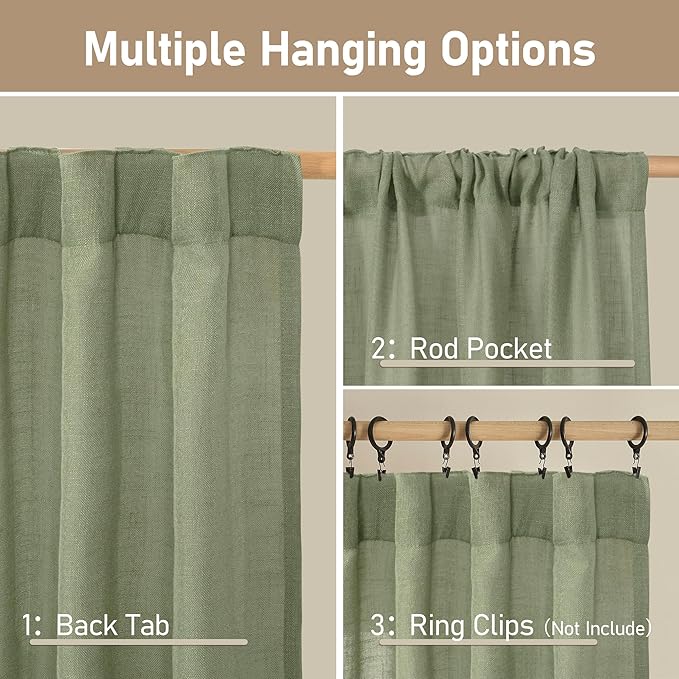 LAMIT Sage Green Linen Curtains for Living Room 84 inch Length 2 Panels, Light Filtering Semi Sheer Drapes Back Tab and Rod Pocket Neutral Panels for Bedroom/Sliding Glass Door, 52 x 84 Inch