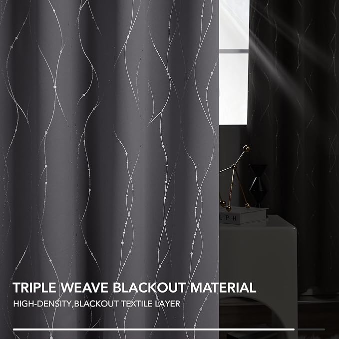 Deconovo Grey Blackout Curtains for Bedroom, Thermal Insulated Soundproof Drapes, Wave Dots Foil Print, 52 x 84 Inches Long, 2 Panels, Machine‑Washable Privacy Window Panel for Living Room Patio Door
