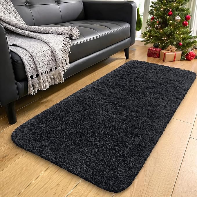 OLANLY 2x7 Machine Washable Runner Rugs for Hallway, Soft Fluffy Shaggy Bedside Rugs for Bedroom, Living Room, Indoor Floor Carpet for Kids Girls and Boys, Nursery Rooms, Home Decor Aesthetic, Black