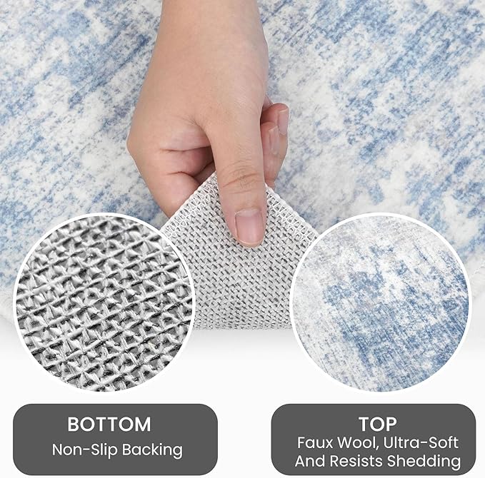 IOHOUZE Abstract Area Rugs 5x7 Ft Washable Rugs for Living Room, Non Slip Dining Room Rug, Printed Faux Wool Rugs for Bedroom, Floor Carpet for Office Nursery Playroom, Light Blue Grey