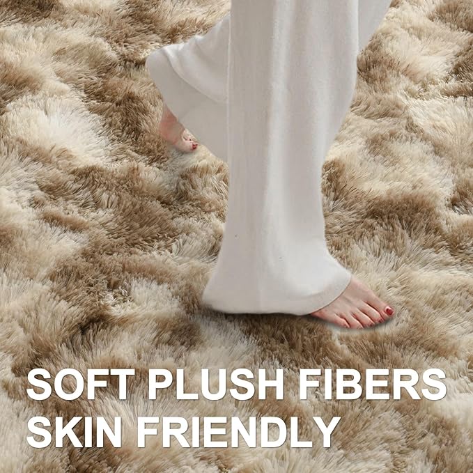 4x6 Ft Shag Area Rug for Bedroom Living Room, Tie-Dyed Ultra Soft Fluffy Furry Rugs for Indoor Floor, Aesthetic Carpet for Kids Home Decor (Khaki)