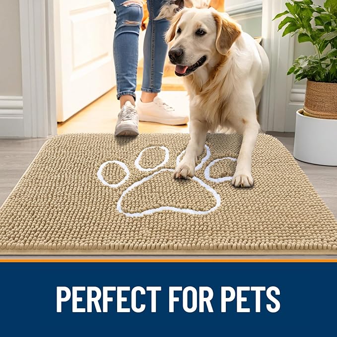 OLANLY Dog Door Mat for Muddy Paws 35x24, Paw Print Design, Absorbs Moisture and Dirt, Absorbent Non-Slip Washable Doormat, Quick Dry Chenille Mud Mat for Dogs, Entry Indoor Entryway Carpet, Beige