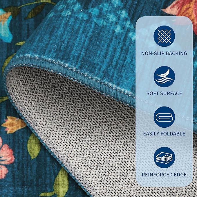 GarveeHome Floral Rug 2x6 Runners for Hallways, Boho Kitchen Runner Rugs Non Slip Bath Runners, Vintage Washable Runner Rug for Bedroom, Soft Long Rugs for Entryway Bathroom Laundry Dorm, Blue