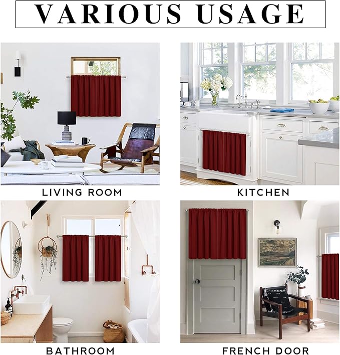 RYB HOME Short Burgundy Red Blackout Curtains for Small Bedroom Window, Insulating UV Blocking Drapes for Kitchen Cafe Basement, Privacy Tiers for Bathroom Window, Width 42 by Length 36, Set of 2