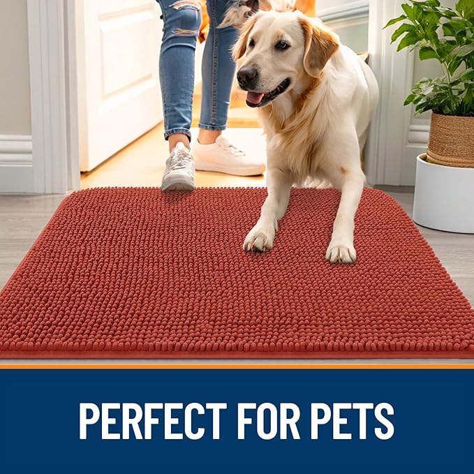 OLANLY Dog Door Mat for Muddy Paws 59x35, Absorbs Moisture and Dirt, Absorbent Non-Slip Washable Doormat, Quick Dry Chenille Mud Mat for Dogs, Entry Indoor Entryway Carpet for Inside Floor, Maple Red