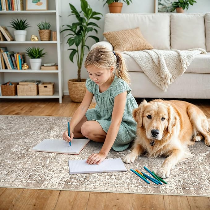 4x8 Washable Hallway Runner Rug - Wide Kitchen Runners Vintage Low Pile Carpet Soft Thin Floor Runner with Rubber Backing for Entryway Bedroom Living Room Home Decor (Beige)