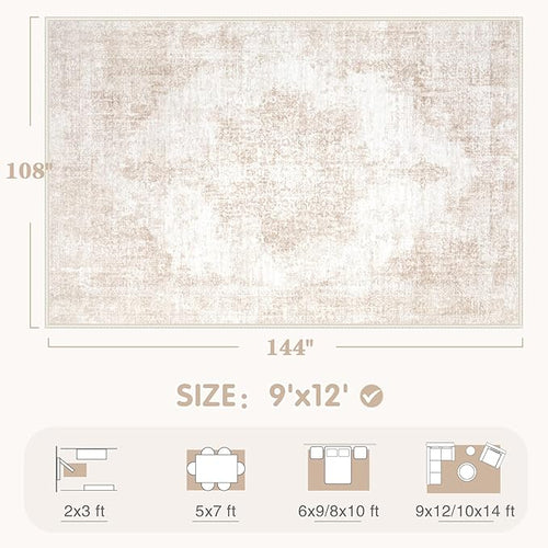 Area Rug 9x12 Vintage Rugs: Large Washable Living Room Rug Retro Medallion Distressed Soft Low Pile Non-Slip Rugs Indoor Floor Carpet for Bedroom Dining Table Office (Beige/Brown,9'x12')